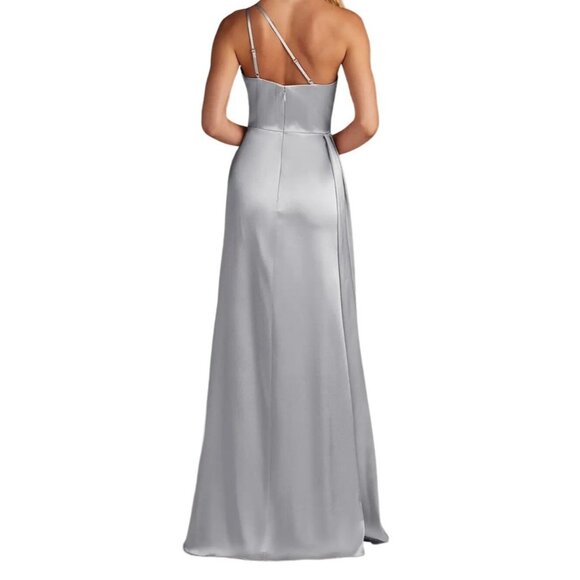 Azazie Silver Sheath One Shoulder Satin Formal Dress Size A0 - Picture 2 of 15